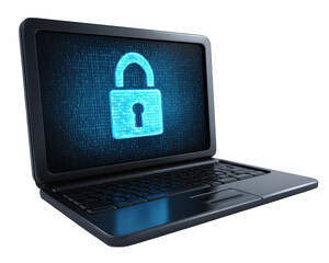 Laptop displaying blue digital lock symbol cybersecurity concept data protection encryption secure access technology privacy glowing screen modern device