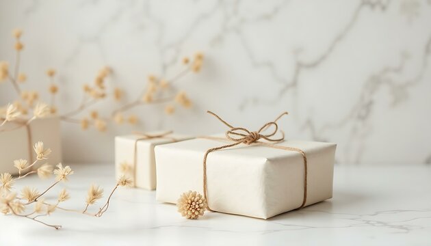 Wrapped gifts present boxes with string and flower on marble background