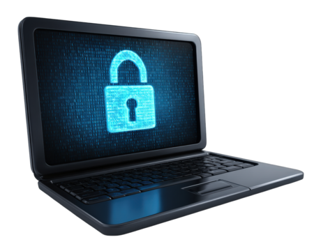 Laptop displaying blue digital lock symbol cybersecurity concept data protection encryption secure access technology privacy glowing screen modern device