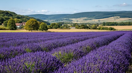 Lavender field stretches across a landscape.