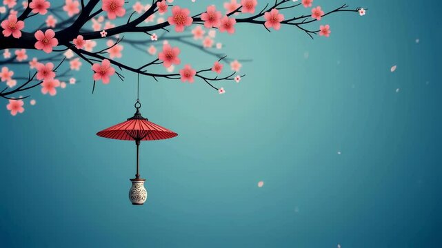 Serene Spring Cherry Blossom Branch with Hanging Japanese Parasol and Vase