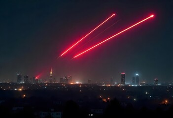 A highly realistic night-time urban skyline with dim city lights and distant high-rise buildings, under a dark, clear sky. Multiple bright red missile trails or anti-aircraft tracer fire streaking dia