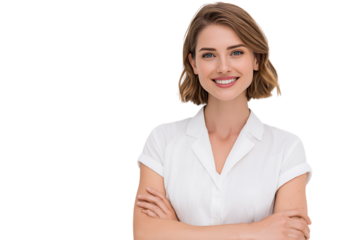 Portrait of a smiling young woman with arms crossed.