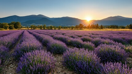 Lavender field at sunrise with mountains in the background.