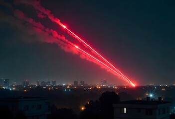 A highly realistic night-time urban skyline with dim city lights and distant high-rise buildings, under a dark, clear sky. Multiple bright red missile trails or anti-aircraft tracer fire streaking dia