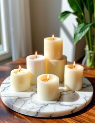 Six lit white candles are arranged on a round marble tray, placed on a wooden surface near a window with a green plant in the background.