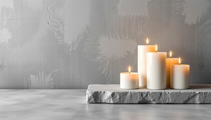 White candles of varying heights lit and arranged on a textured stone slab against a gray textured wall.