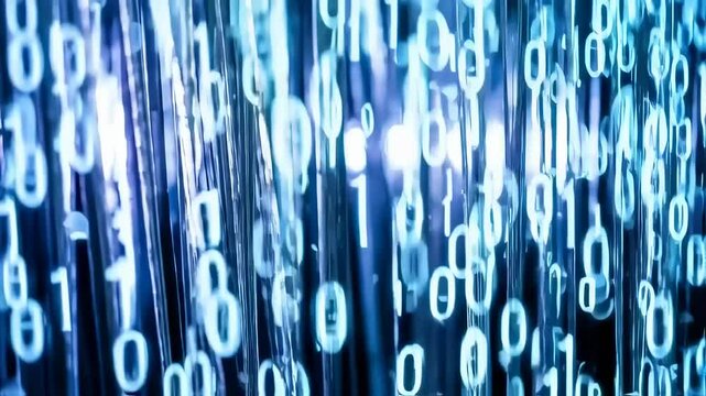 Abstract binary code stream flowing with luminous data lines, matrix background