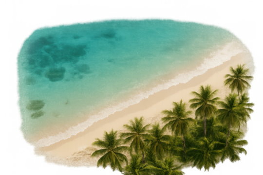 Aerial view of a tropical beach with palm trees and turquoise water gently lapping the shore, isolated on a transparent background - Powered by Adobe