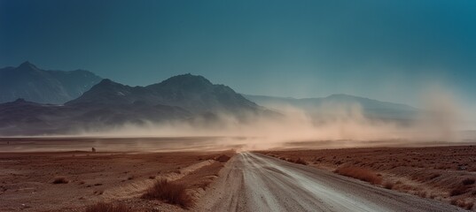 Vast panoramic desert landscape with distant mountains and a straight road leading to the horizon, featuring dust clouds, dry terrain, and atmospheric particles under a muted, cinematic tone