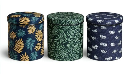 Decorative storage containers with patterned lids.