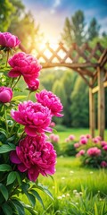 Fototapeta premium Vibrant peonies blooming in a lush green garden with a wooden trellis and a sunny meadow