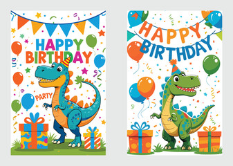 Obraz premium Smiling Green Dinosaur with Cake and Party Hat for Children