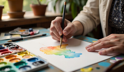 Manos de artista pintando con acuarela sobre papel, pincel y paleta en primer plano, escena creativa con fondo desenfocado y ambiente cálido y natural.