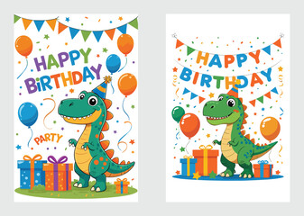 Fototapeta premium Cute Cartoon Dinosaur Birthday Celebration with Gifts and Balloons for Kids