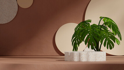 circles backdrop, 3d rendering mockup scene brown color curved cylinder in landscape