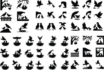 Mother Bird with Baby Chicks Vector Silhouette Set Bird Feeding Chicks Silhouette Set – Nature Care Icon Collection