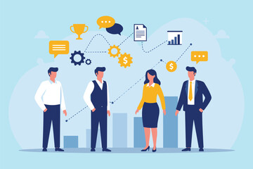 Collaborative Business Team: Strategic Planning, Communication, and Goal Achievement for Success flat vector illustration