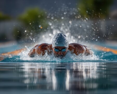 A swimmer in action during butterfly stroke