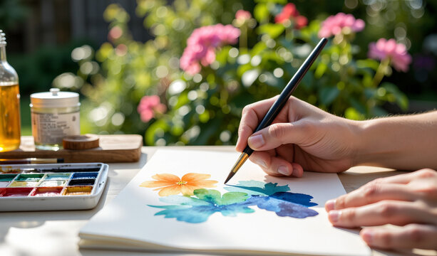 Manos de artista pintando con acuarela sobre papel, pincel y paleta en primer plano, escena creativa con fondo desenfocado y ambiente c&aacute;lido y natural.