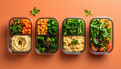 Flat lay of healthy vegan lunches in transparent containers — chickpea salad, couscous, hummus, and arugula — against a matte terracotta background, crisp lighting