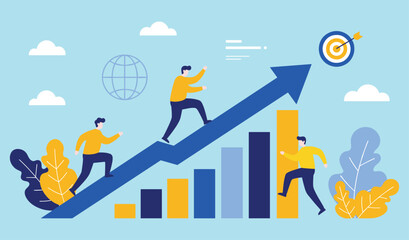 Teamwork Climbing Success: Business Growth and Goal Achievement with Upward Arrow and Target flat vector illustration