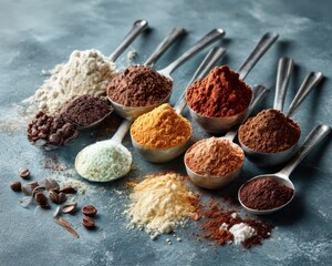 Assorted powdered ingredients in measuring spoons