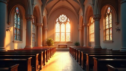 Obraz premium A serene and peaceful church interior, bathed in soft sunlight streaming through stained-glass windows Perfect for themes of faith, spirituality, and tranquility , calm, romanesque