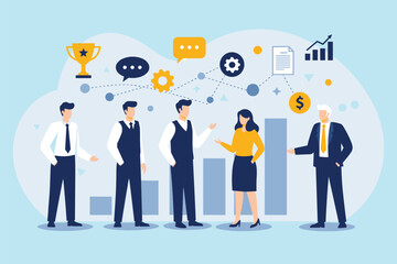 Collaborative Business Team: Strategic Planning, Communication, and Goal Achievement for Success flat vector illustration