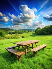 Obraz premium Rustic wooden picnic table with benches nestled among lush greenery on a vast open meadow