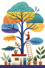 Man Caring for a Tree – Flat Gouache Style Nature Illustration
