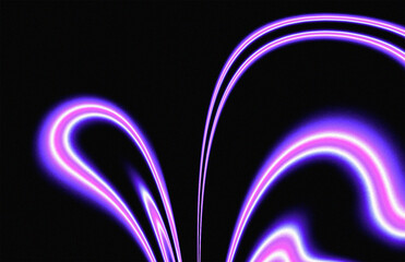 Glowing purple light trails curves flowing on black background, creating dynamic abstract patterns for cover, poster, banner, backdrop design