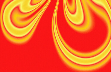 Bold red and yellow swirling patterns flowing on vibrant background with copy space and noise grain texture for abstract, dynamic, energy design