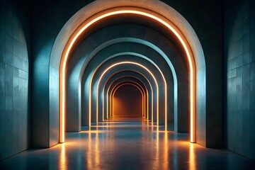 Obraz premium Neon archway corridor with glowing orange and teal lights in abstract futuristic design