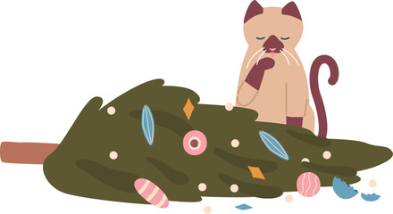 Cat knocked down Christmas tree