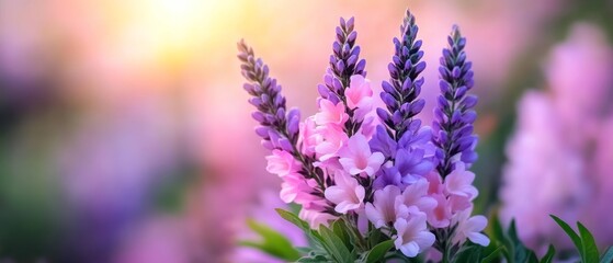 Obraz premium Soft Purple and Pink Flowers Blooming in a Colorful Sunrise Garden Scene