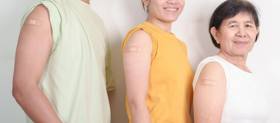 Adult and Senior group with bandage after received vaccine. Vaccination and Immunization for Influenza, HPV, Zoster, IPD, DTP, Dengue, Encephalitis, Rabies, Pneumococcal Hepatitis B and Covid vaccines