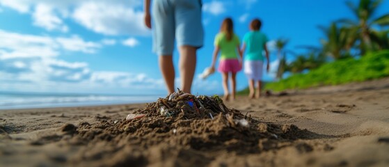 Family Walking on Beach with Trash, Promoting Environmental Awareness and Cleanliness