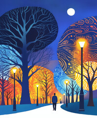 A man walking on a path, night in the park, impressionistic illustration, high quality, trees and night sky, themes of being alone and solitude