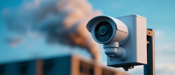 Modern Surveillance Camera with City Building and Smoky Sky Background at Sunset