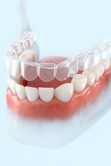 3D render of a realistic transparent orthodontic aligner hovering directly above a row of clean white human teeth and healthy pink gums. 
