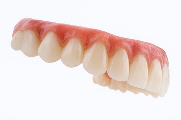 Fototapeta premium A clean and anatomically accurate 3D render of an upper dental arch model, showing natural-looking teeth and pink gums. 