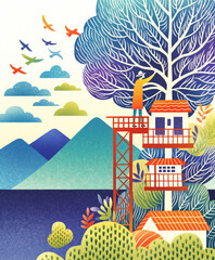 illustration of a man caring for a tree, beautiful woodcut style traditional illustration