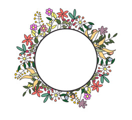 Colorful flower and leaf template design with circle negative area for text. floral circle frame template
