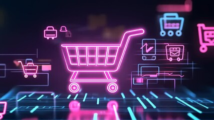 Futuristic shopping cart symbolizing online retail, surrounded by digital icons and graphs in vibrant colors