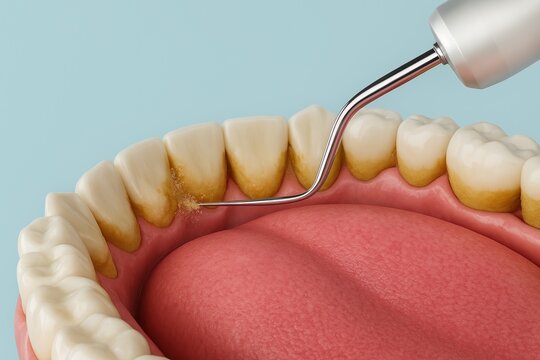 An ultra-realistic 3D medical render showing a close-up view of dental scaling on the inner surface of lower teeth. A dental scaler tool is actively removing yellow tartar buildup from the gum line