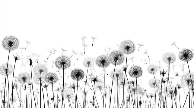 Abstract black and white vector background with dandelions flowers. Vector illustration dandelion time. Black Dandelion seeds blowing in the wind. The wind inflates a dandelion.