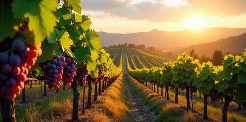 Sun-drenched vineyards rolling across the California hillsides, ripe grapes hanging heavy on the vines, ready for harvest A picturesque scene of California wine country , beauty, scenery