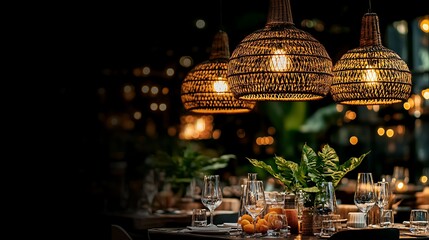 Elegant restaurant table setting with woven lamps and ambient lighting for a special occasion