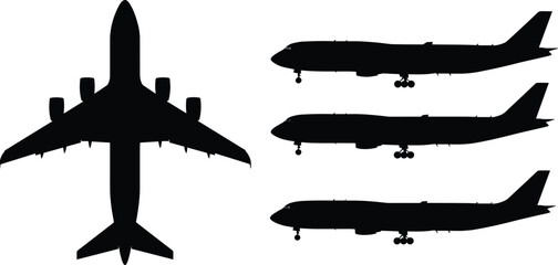 Commercial airplane silhouette set, jet aircraft top and side view, black vector planes, aviation clipart collection, passenger plane design, editable air travel illustration icon